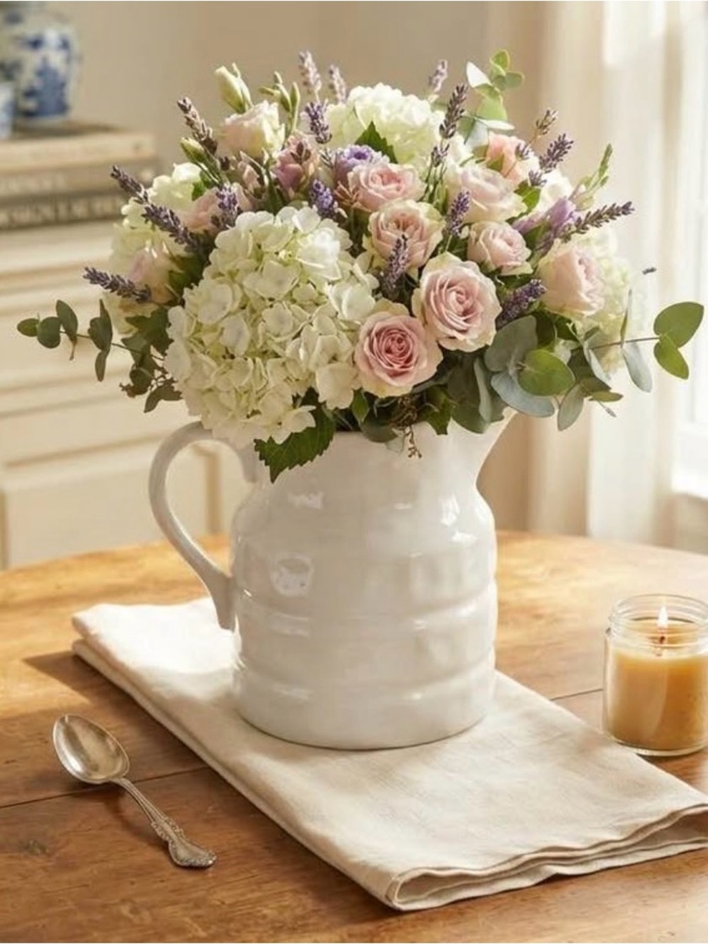Vintage-Style White Ribbed Ceramic Pitcher